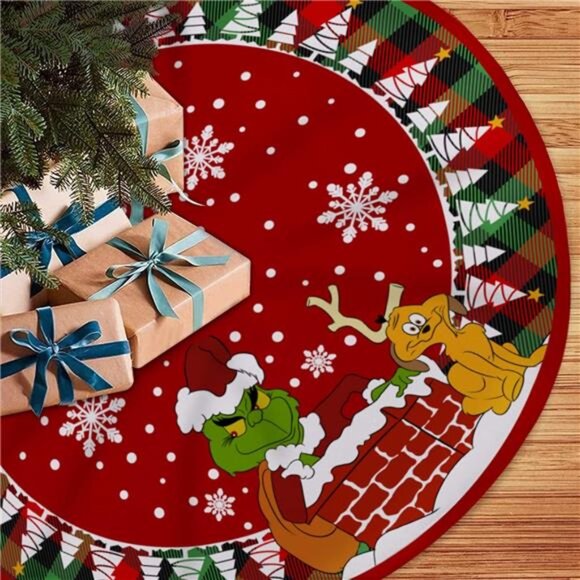 Merry Christmas Tree Skirt 48 Inches, Xmas Large Lace-up Red Green Buffalo Decor - Picture 1 of 6